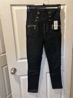 AZ L/XL High-Waist Black Skinny Stretch Jeggings w/Gold Button Embellishment NWT